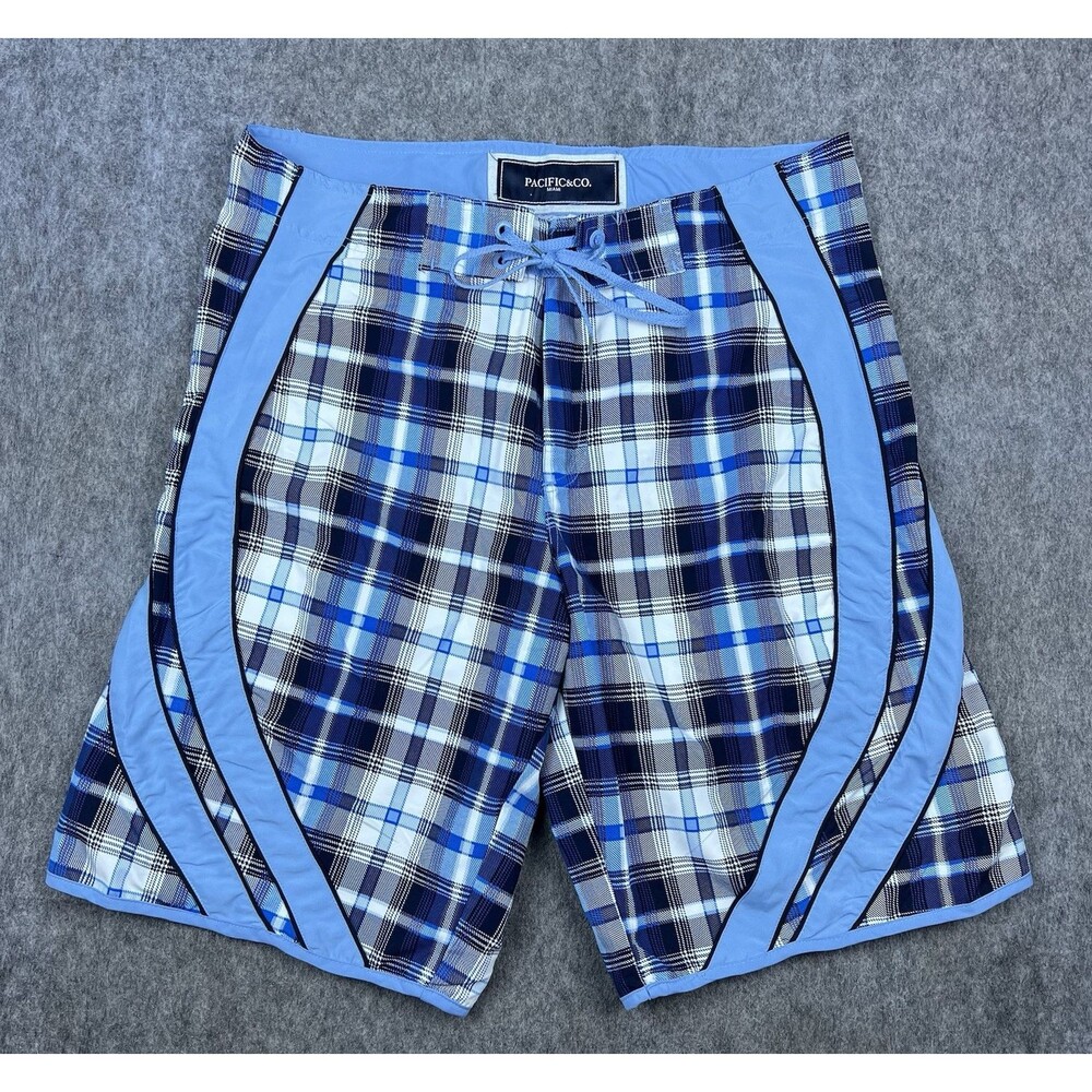 Pacific and Co Men's Swim Trunks Light Blue Black Plaid Board Shorts Size XL
